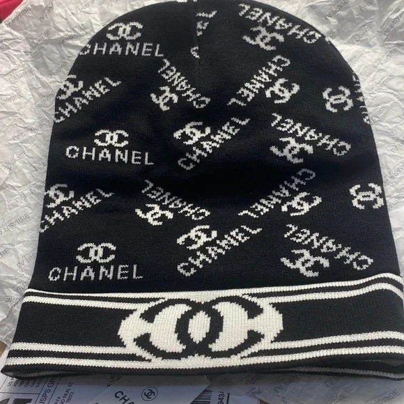 CHANEL Monogram Black and White Knit Hat